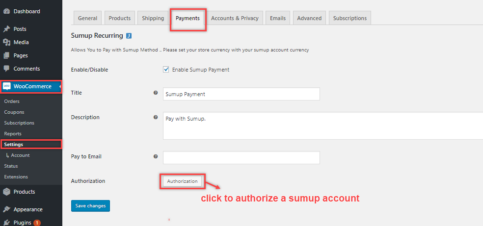 authorization payments woocommerce sumup settings