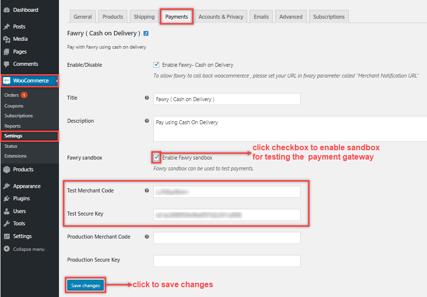 click checkbox to enable sandbox wc fawry payment method