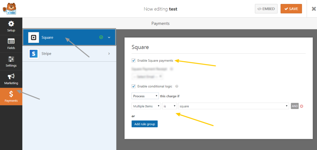 enable square payment per form