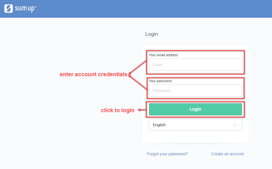 enter account credentials sumpup payment gateway