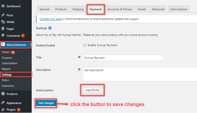 save changes sumup payment gateway