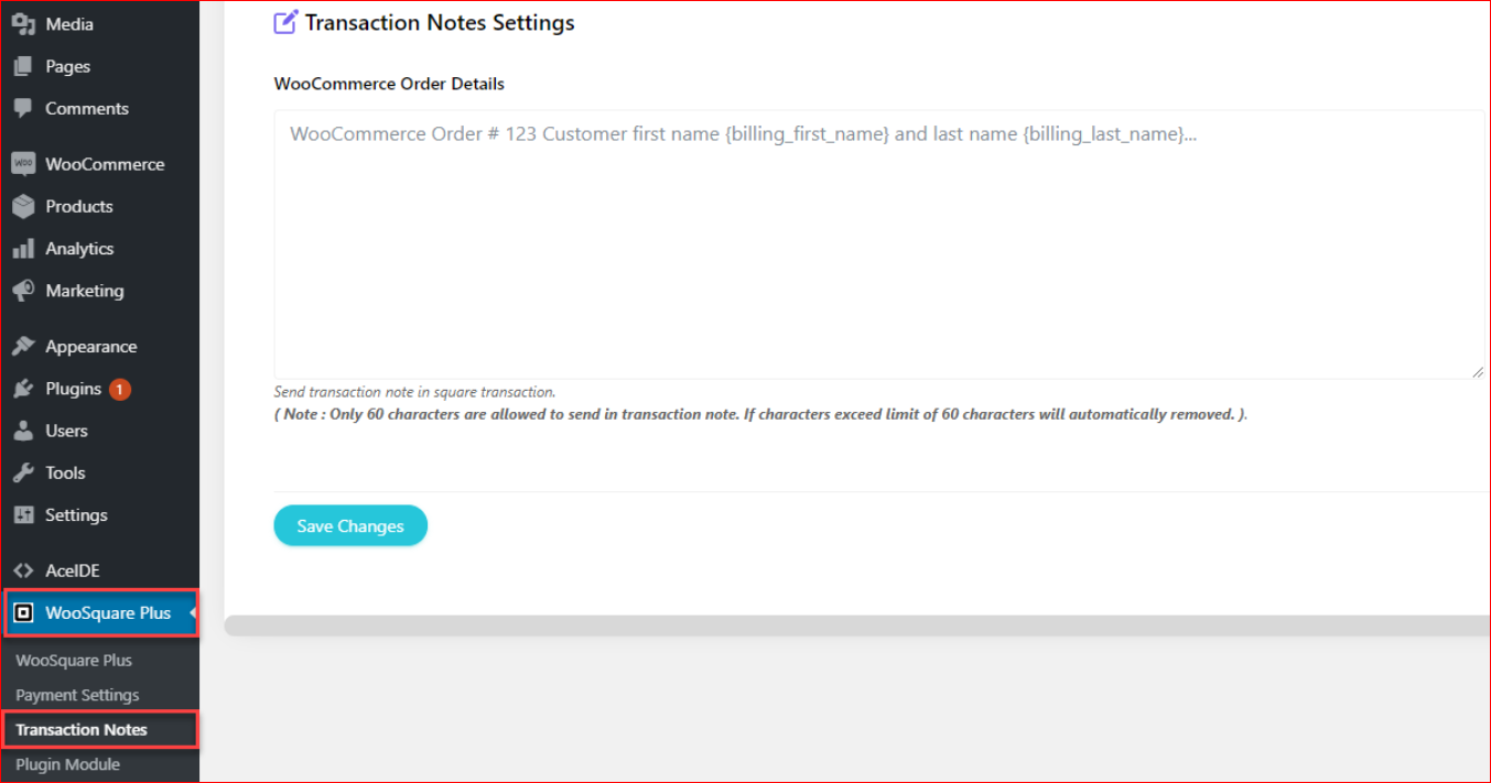 Click 'Save changes' to store the transaction note