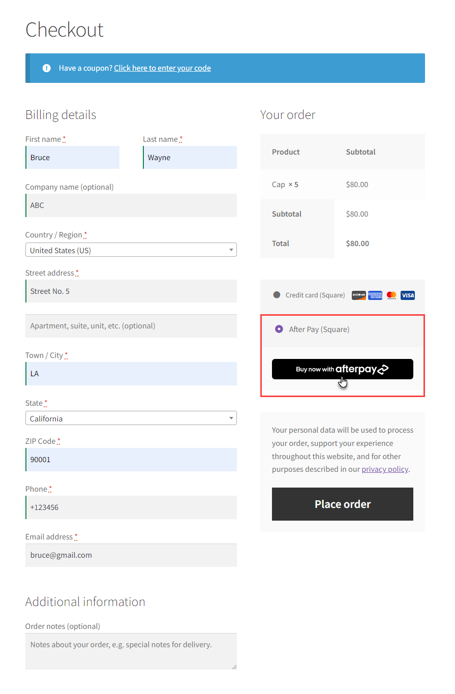 On the Checkout page of your WooCommerce store, select the items you wish to purchase.